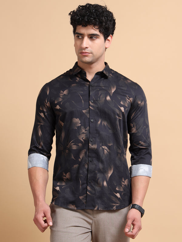 Men's Khaki Cotton Blend Full Sleeve Printed Shirt – Premium Casual Wear