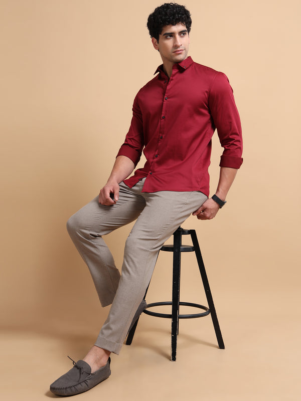 Men's Maroon Cotton Blend Full Sleeve Solid Shirt – Premium Casual & Office Wear