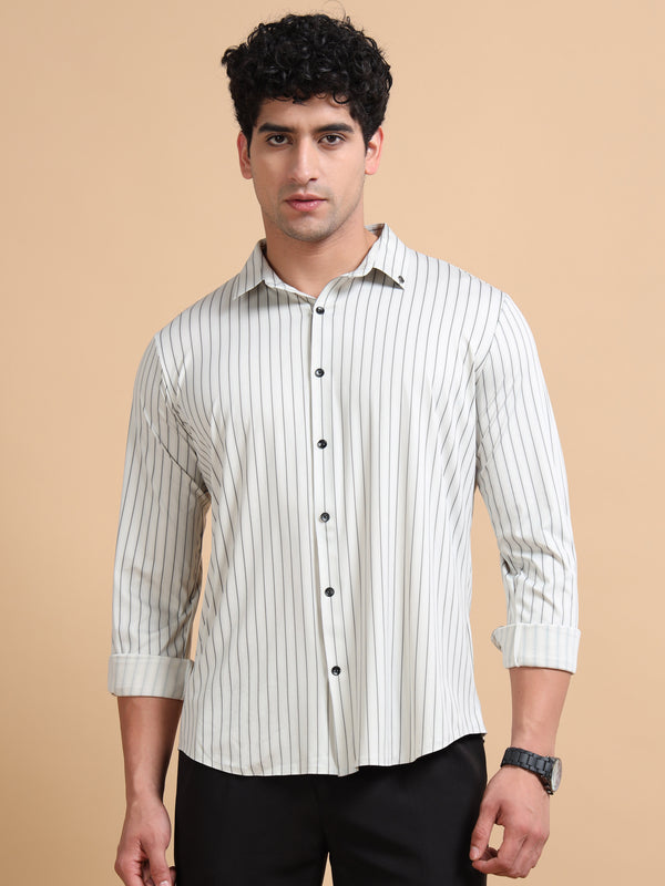 Men's Cream Cotton Blend Full Sleeve Striped Shirt – Premium Casual & Office Wear