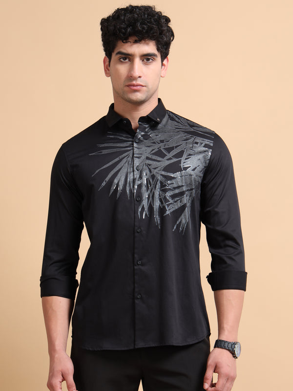 Men's Black Cotton Blend Full Sleeve Printed Shirt – Premium Party & Casual Wear
