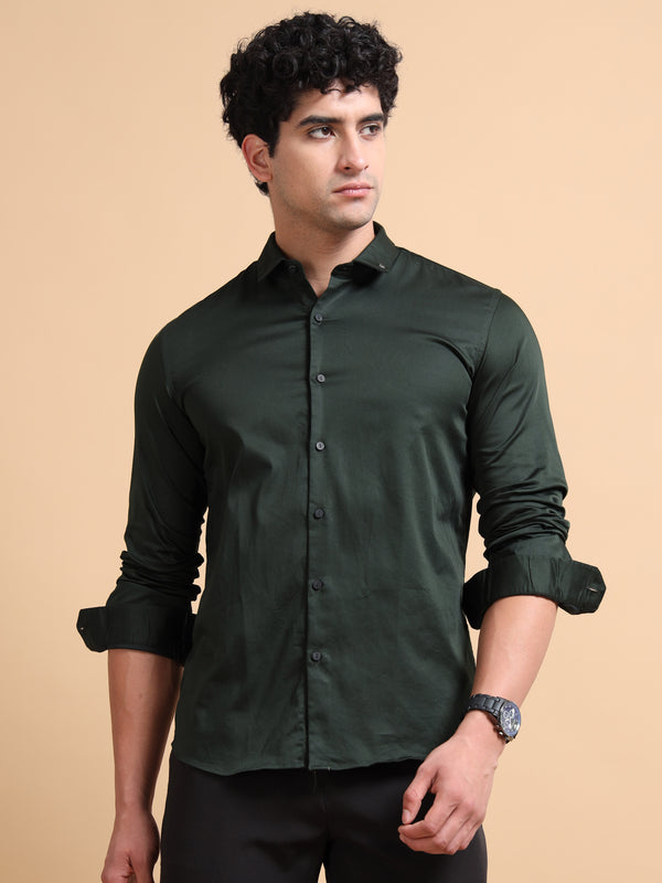 Men's Green Cotton Blend Full Sleeve Solid Shirt – Premium Casual & Office Wear