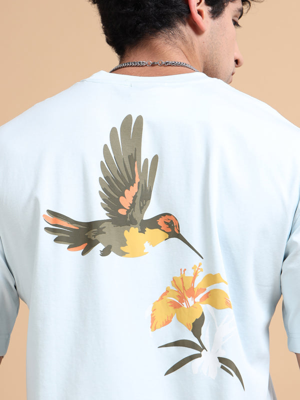 Men's Sky Cotton Blend Oversized Graphic T-Shirt – Hummingbird Back Print | Premium Streetwear