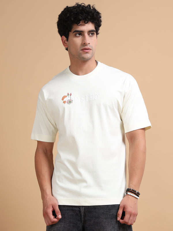 Men's Cream Cotton Blend Oversized Graphic T-Shirt – Tiger Back Print | Premium Streetwear