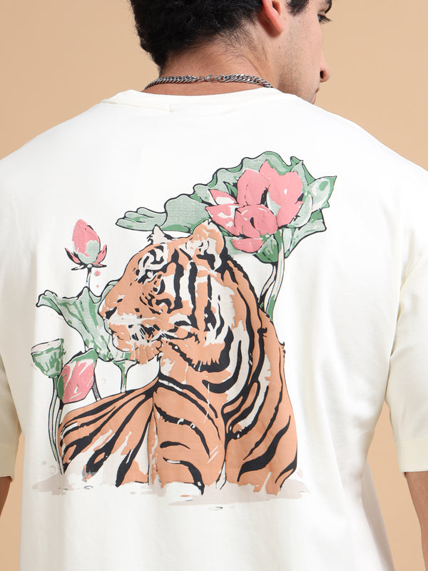 Men's Cream Cotton Blend Oversized Graphic T-Shirt – Tiger Back Print | Premium Streetwear