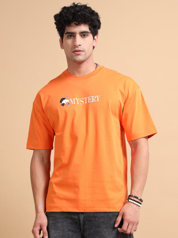 Men's Orange Cotton Blend Oversized Graphic T-Shirt – Tiger Back Print | Premium Streetwear