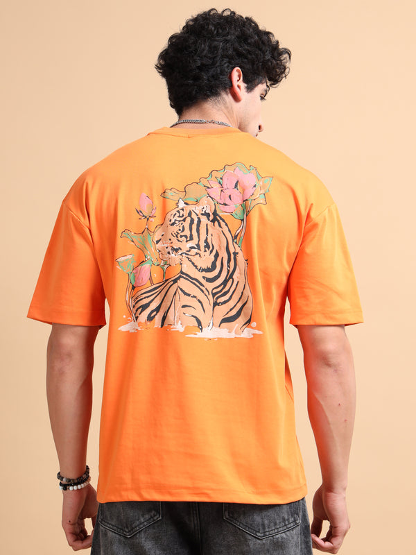 Men's Orange Cotton Blend Oversized Graphic T-Shirt – Tiger Back Print | Premium Streetwear