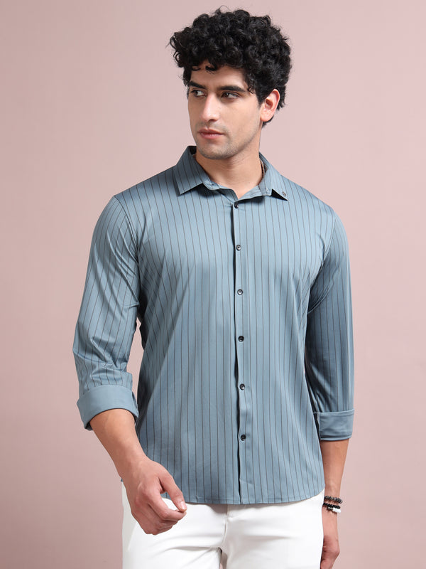 Men's Blue Cotton Blend Full Sleeve Striped Shirt – Premium Casual & Office Wear