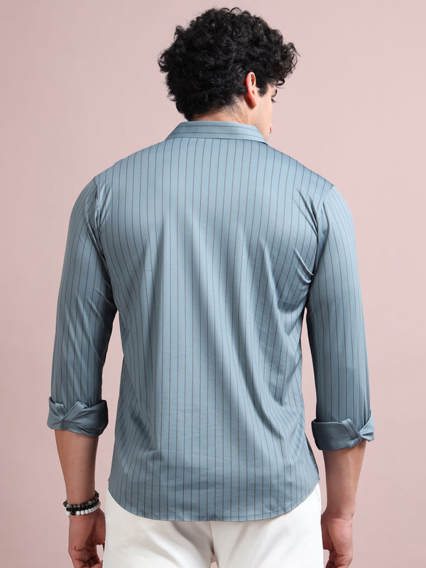 Men's Blue Cotton Blend Full Sleeve Striped Shirt – Premium Casual & Office Wear