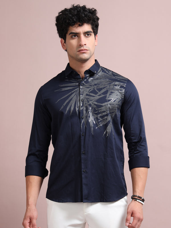 Men's Navy Cotton Blend Full Sleeve Printed Shirt – Premium Party & Casual Wear