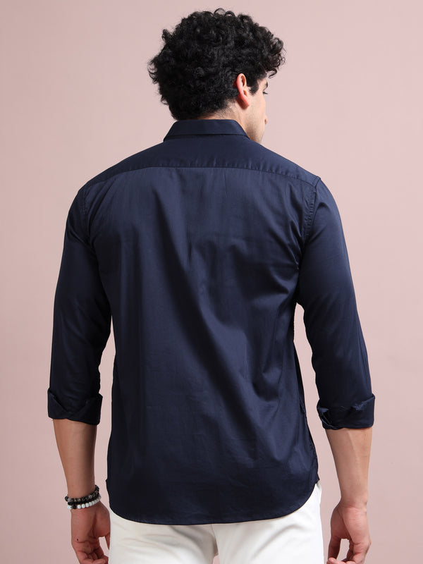 Men's Navy Cotton Blend Full Sleeve Printed Shirt – Premium Party & Casual Wear