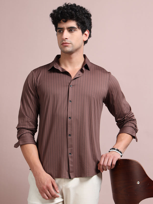 Men's Brown Cotton Blend Full Sleeve Striped Shirt – Premium Casual & Office Wear