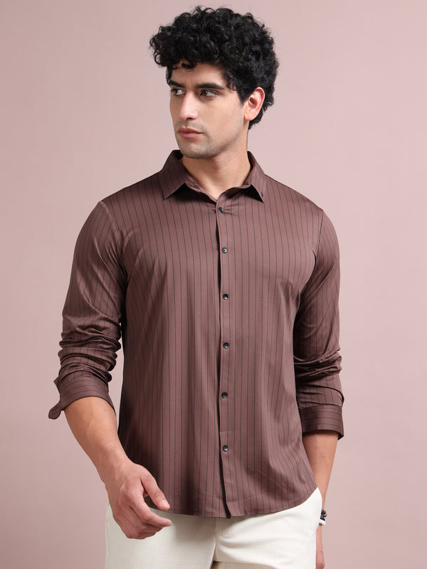 Men's Brown Cotton Blend Full Sleeve Striped Shirt – Premium Casual & Office Wear