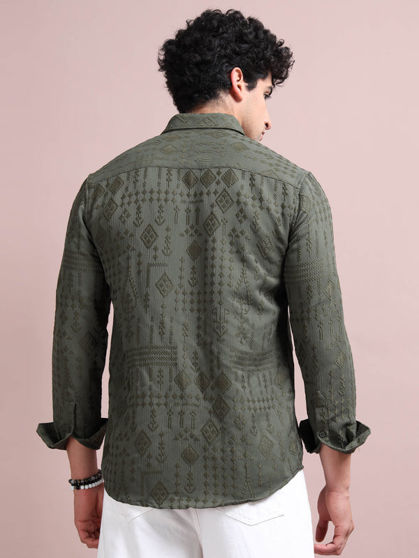 Men's B Green Cotton Blend Full Sleeve Textured Shirt – Premium Casual & Festive Wear