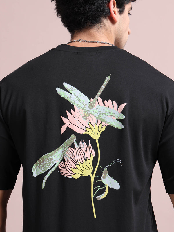 Men's Black Cotton Blend Oversized Graphic T-Shirt – Dragonfly Back Print | Premium Streetwear