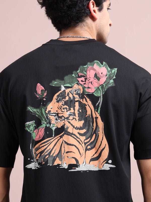 Men's Black Cotton Blend Oversized Graphic T-Shirt – Tiger Back Print | Premium Streetwear