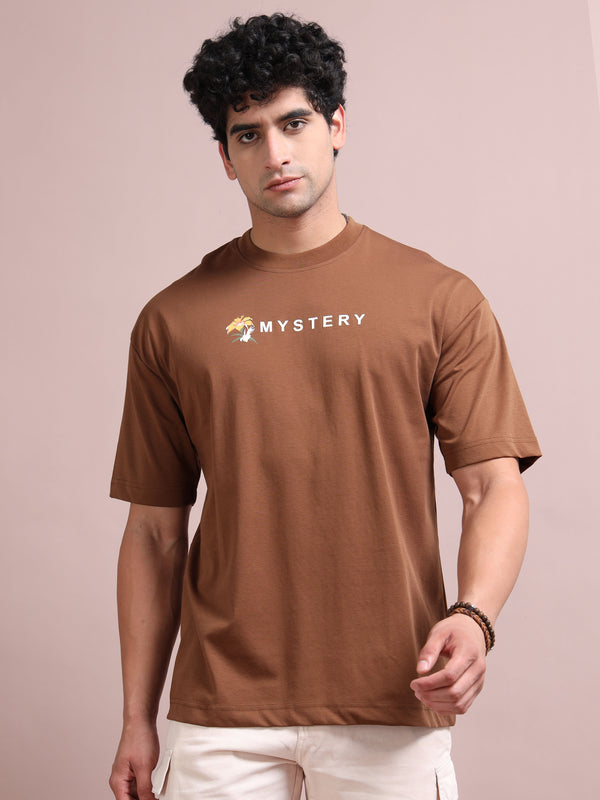 Men’s Brown Cotton Blend Oversized Graphic T-Shirt – Hummingbird Back Print | Premium Streetwear