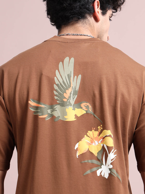 Men’s Brown Cotton Blend Oversized Graphic T-Shirt – Hummingbird Back Print | Premium Streetwear