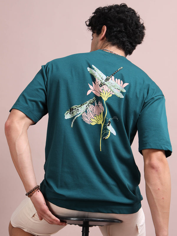Men’s B Green Cotton Blend Oversized Graphic T-Shirt – Dragonfly Back Print | Premium Streetwear