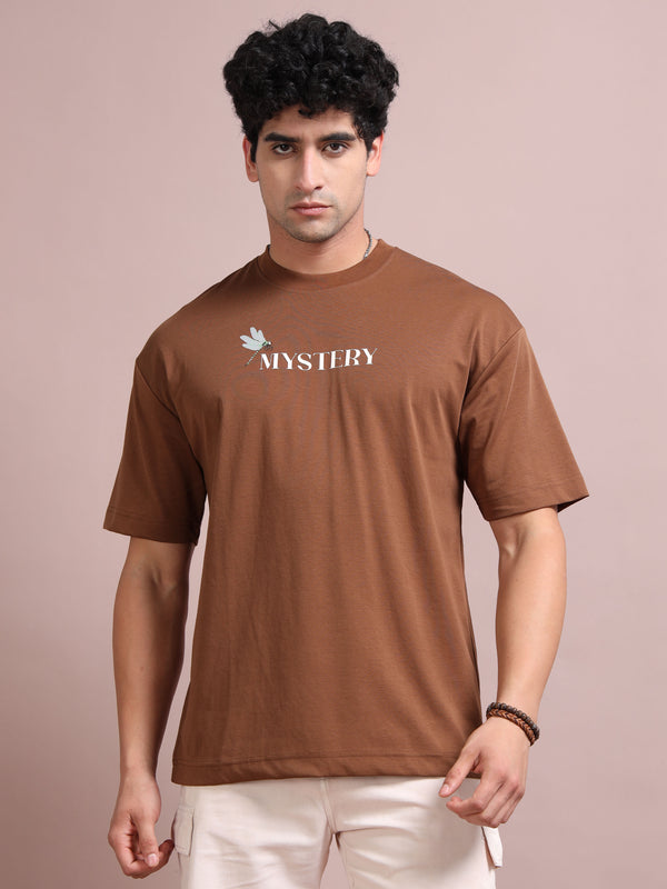 Men’s Brown Cotton Blend Oversized Graphic T-Shirt – Dragonfly Back Print | Premium Streetwear