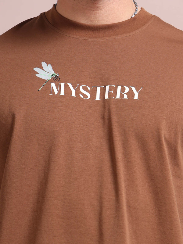 Men’s Brown Cotton Blend Oversized Graphic T-Shirt – Dragonfly Back Print | Premium Streetwear