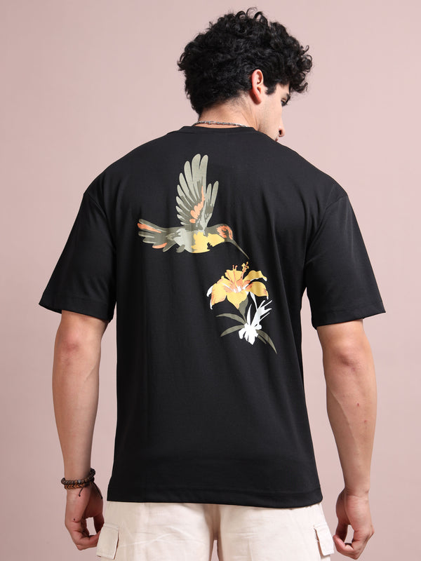 Men’s Black Cotton Blend Oversized Graphic T-Shirt – Hummingbird Back Print | Premium Streetwear
