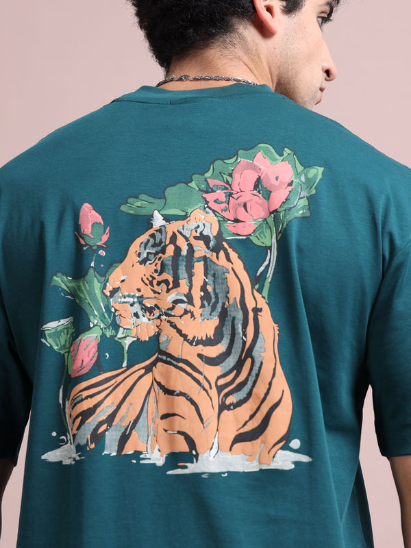 Men's B Green Cotton Blend Oversized Graphic T-Shirt – Tiger Back Print | Premium Streetwear