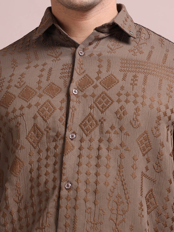 Men's Brown Cotton Blend Full Sleeve Textured Shirt – Premium Casual & Festive Wear