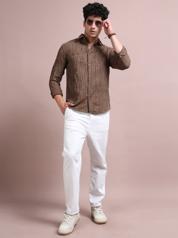 Men's Brown Cotton Blend Full Sleeve Textured Shirt – Premium Casual & Festive Wear