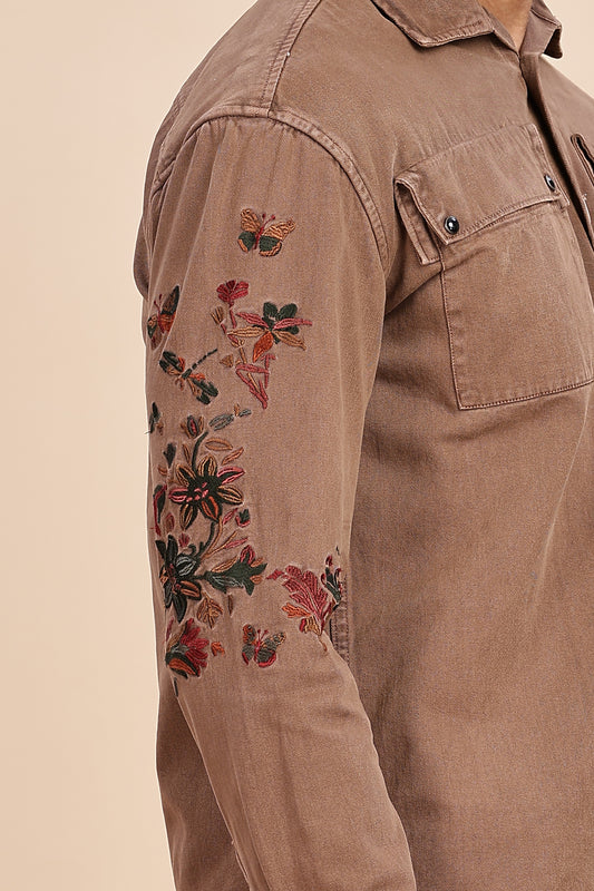 Rust Brown Embroidered Utility Shacket