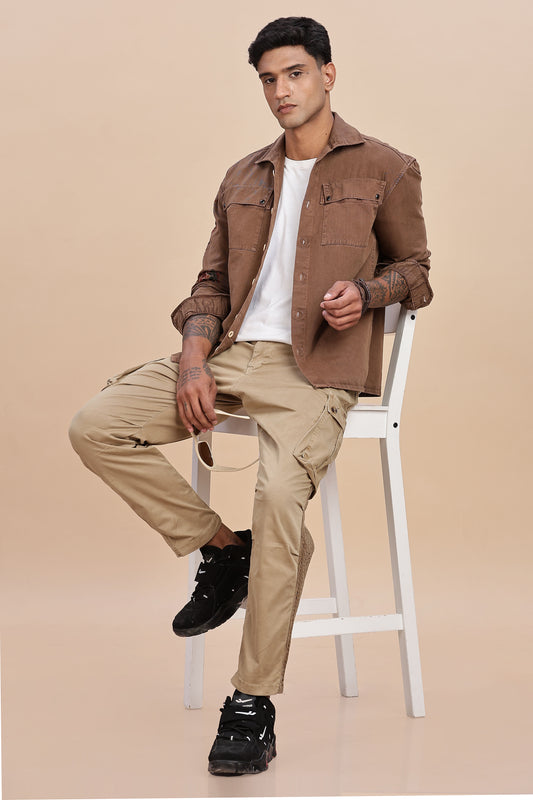 Rust Brown Embroidered Utility Shacket