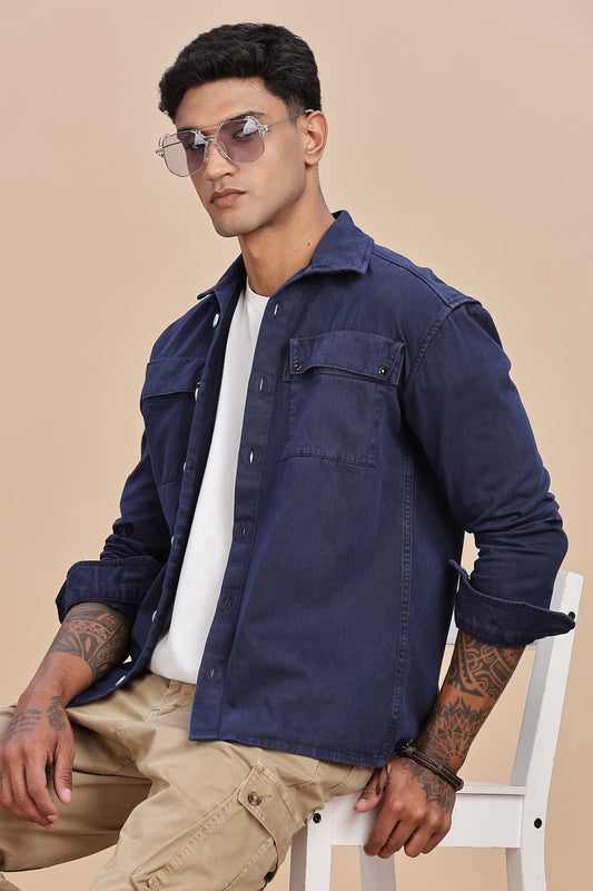 Midnight Navy Embroidered Utility Shacket