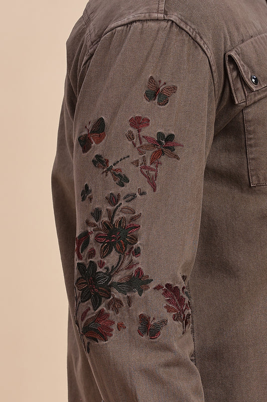Earth-Tone Embroidered Utility Shacket