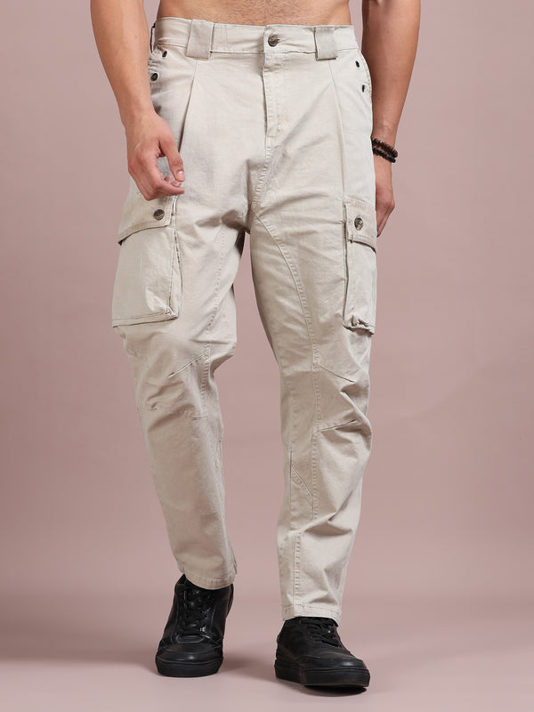 Men's Sand Beige Cargo Pants | Slim Fit Multi-Pocket Utility Trousers