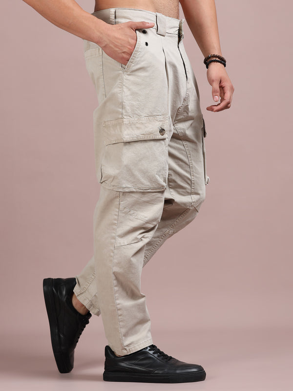 Men's Sand Beige Cargo Pants | Slim Fit Multi-Pocket Utility Trousers