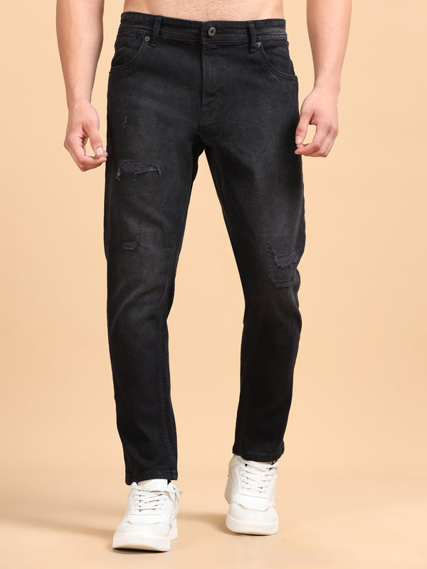 Men's Mid Black Distressed Tapered Fit Jeans | Stretch Denim Casual Everyday Wear