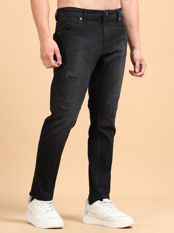 Men's Mid Black Distressed Tapered Fit Jeans | Stretch Denim Casual Everyday Wear