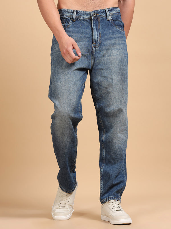 Men's Mid Blue Relaxed Fit Denim Jeans | Classic Straight Everyday Jeans