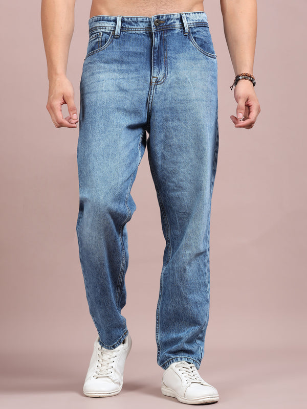 Men's Mid Blue Relaxed Fit Denim Jeans | Classic Straight Fit Everyday Wear