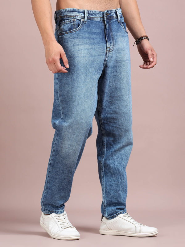 Men's Mid Blue Relaxed Fit Denim Jeans | Classic Straight Fit Everyday Wear