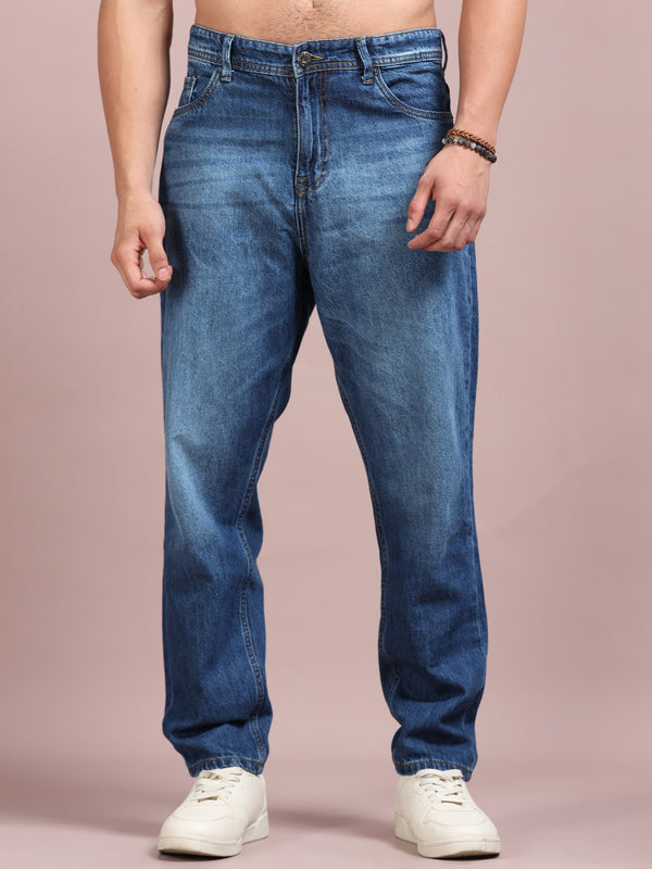 Men's Mid Blue Relaxed Fit Denim Jeans | Classic Straight Everyday Comfort Wear