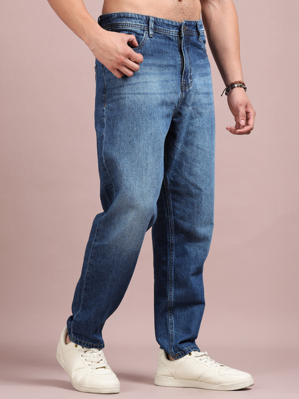 Men's Mid Blue Relaxed Fit Denim Jeans | Classic Straight Everyday Comfort Wear