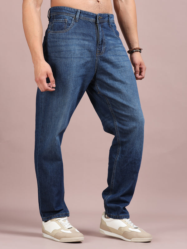 Men's Mid Blue Relaxed Straight Fit Denim Jeans | Comfortable Everyday Wear