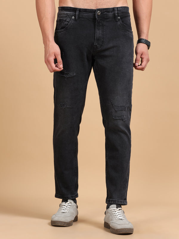 Men's Black Distressed Tapered Fit Jeans | Stretch Denim Casual Style