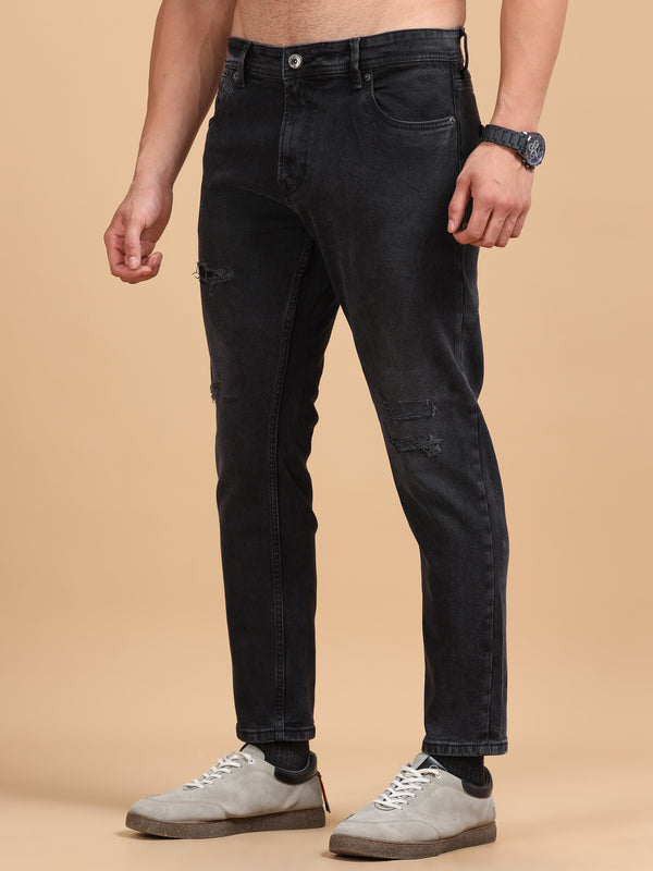 Men's Black Distressed Tapered Fit Jeans | Stretch Denim Casual Style