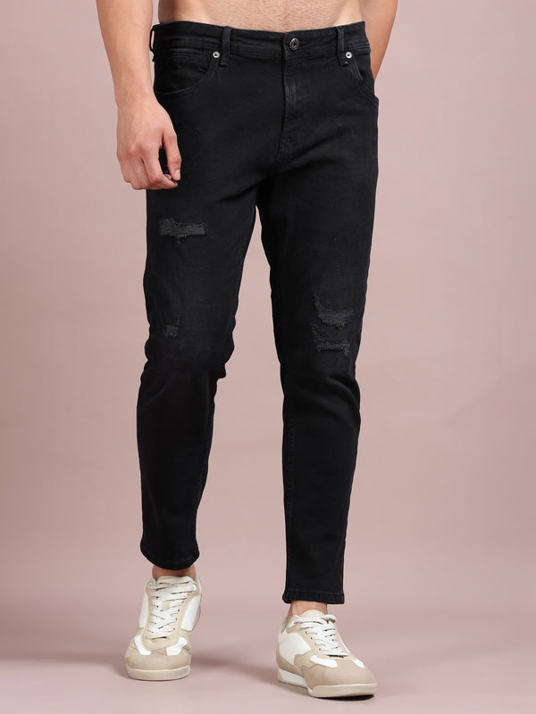 Men's Black Distressed Slim Tapered Jeans | Stretch Denim Casual Everyday Wear