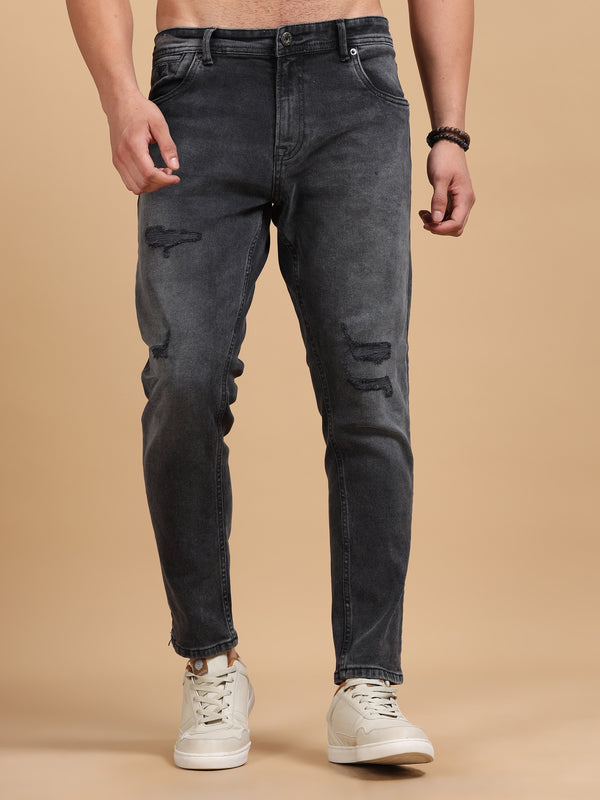 Men's Charcoal Distressed Slim Tapered Jeans | Stretch Denim Everyday Wear