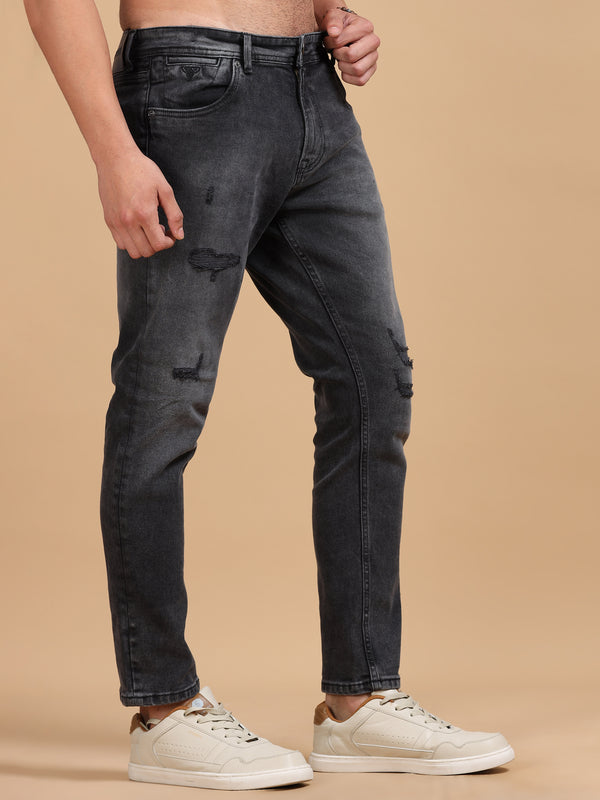 Men's Charcoal Distressed Slim Tapered Jeans | Stretch Denim Everyday Wear