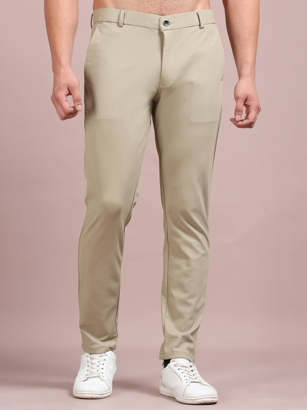 Men's Beige Stretch Formal Trousers | Slim & Comfortable Office Wear Pants