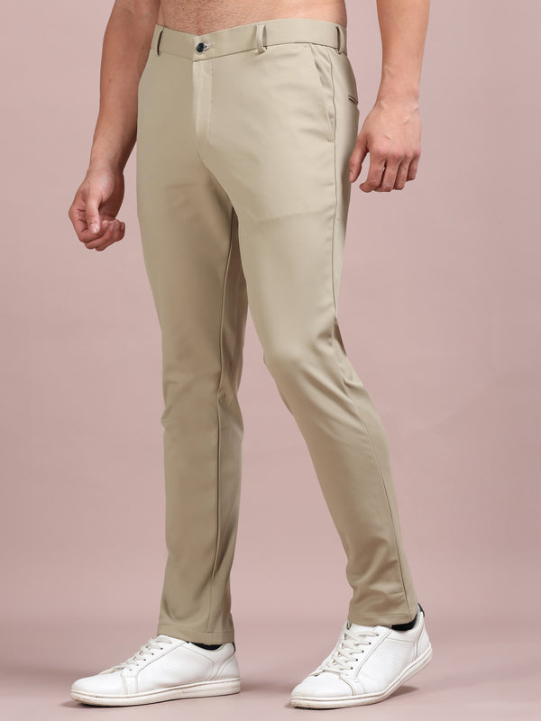 Men's Beige Stretch Formal Trousers | Slim & Comfortable Office Wear Pants