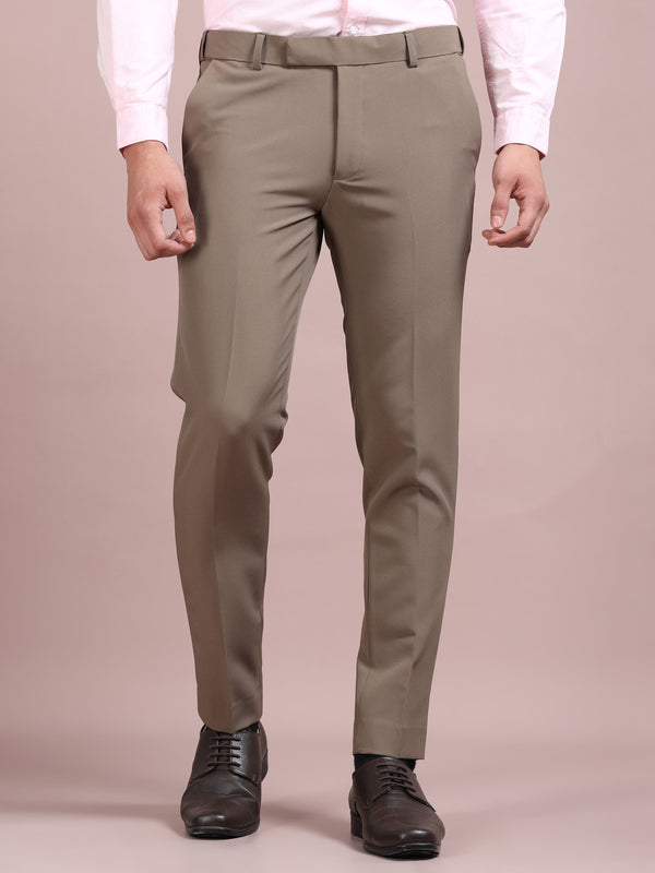 Men's Camel Slim Fit Formal Trousers | Office Wear Stretch Pants